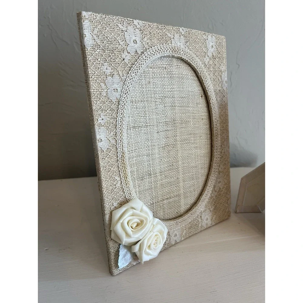 Victorian Shabby Romantic Photo Picture Frame Set Burlap Lace Lenox Porcelain